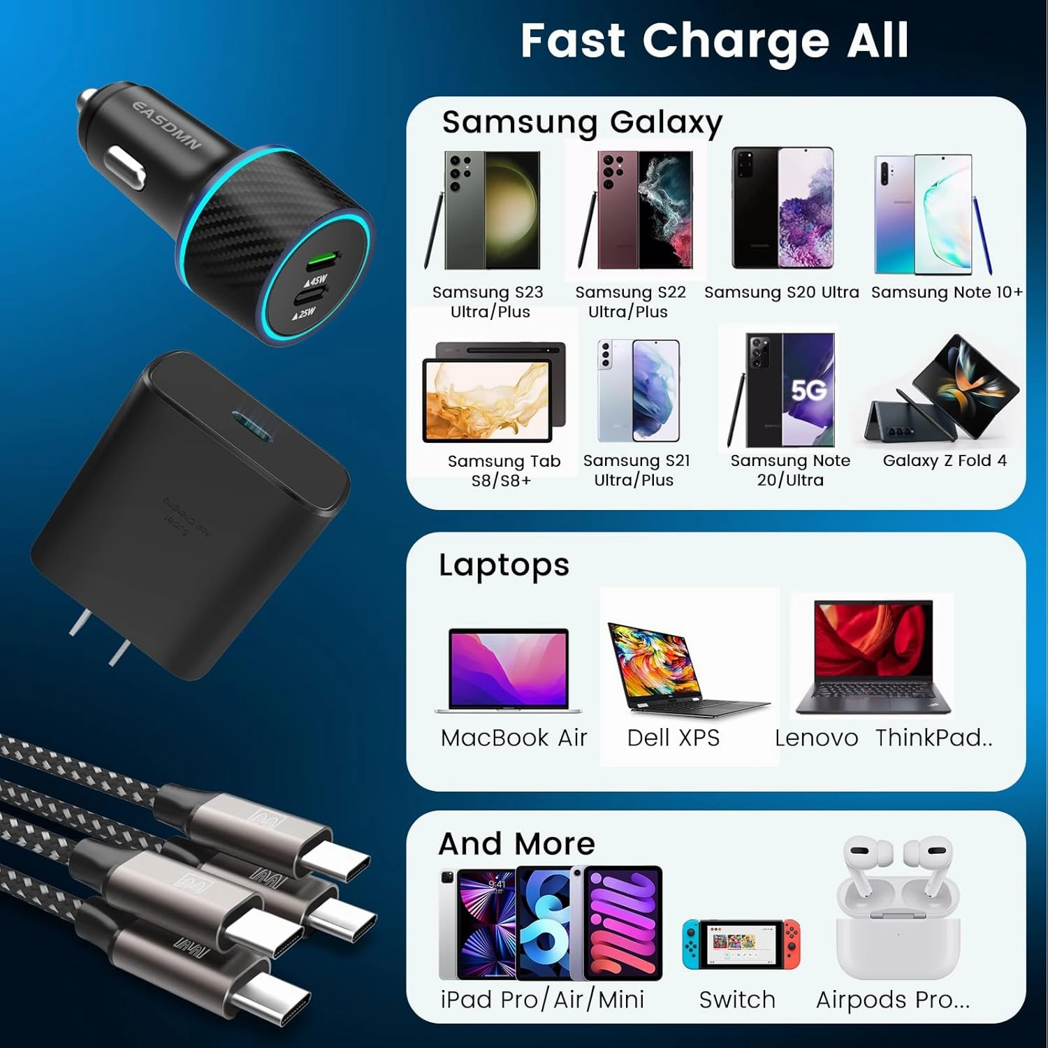 45W USB-C Charger, 2-Pack 45 Watt Samsung Super Fast Charger Type C PPS Wall/Car Charger for Samsung Galaxy S24 Ultra/S24 /S23 Ultra/S23 /S23/S22 Ultra/Note 10 , Galaxy Tab S9 with 2X 6.6ft Cable