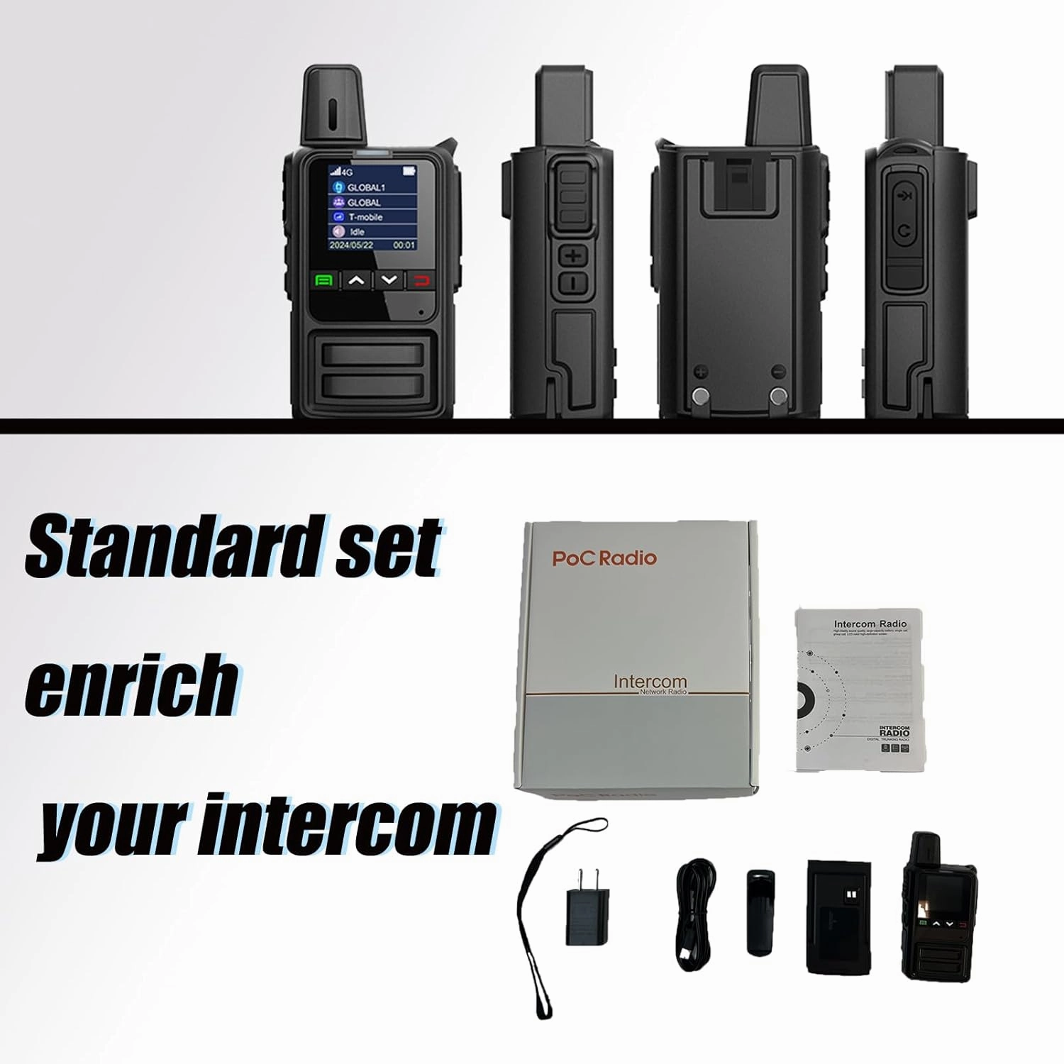 4-Pack Black 4G LTE PoC Walkie Talkies with SIM Cards - Unlimited Range Global Push-to-Talk Two-Way Radios, One-Touch PTT Long Distance Communication for Construction, Fleet & Outdoor Use