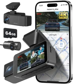 4K 3 Channel Dash Cam, 2160P 1080P 1080P Front and Rear Inside Car Camera with 64GB Card, WiFi Built-in GPS, 3“ IPS Screen, IR Night Vision, G Sensor, WDR, 24/7 Parking Mode(F3)