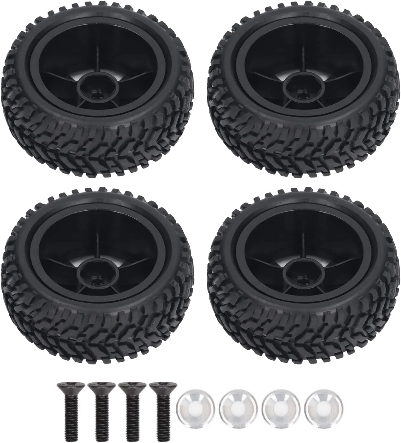 4PCS RC Tires and Wheel Set, 10 Spoke Plastic Wheel Rims with Rubber Tires, Install RC Replacement Tyres for 1/16 RC Car, Abrasion, Stable Driving