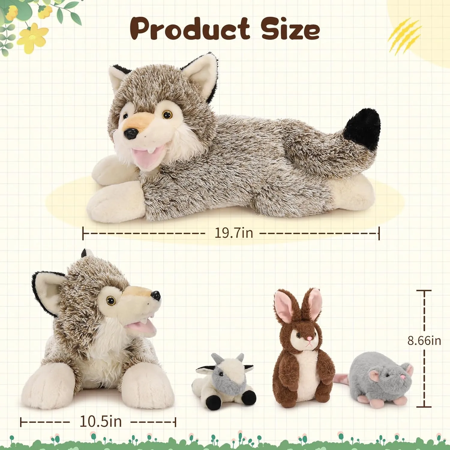 4Pcs Wolf Stuffed Animals, 20" Magnetic Wolf Plush with Bunny Goat Mice in Giant Coyote's Zippered Belly, Christmas Birthday for Boys Girls Kids, Wildlife Party Decor