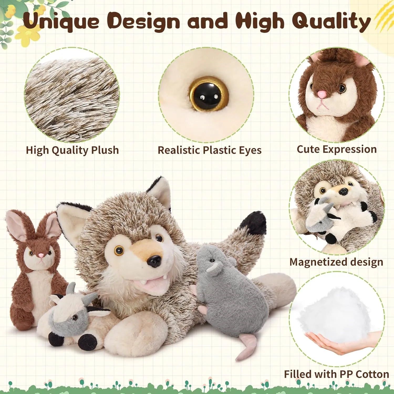 4Pcs Wolf Stuffed Animals, 20" Magnetic Wolf Plush with Bunny Goat Mice in Giant Coyote's Zippered Belly, Christmas Birthday for Boys Girls Kids, Wildlife Party Decor