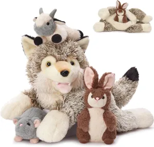 4Pcs Wolf Stuffed Animals, 20" Magnetic Wolf Plush with Bunny Goat Mice in Giant Coyote's Zippered Belly, Christmas Birthday for Boys Girls Kids, Wildlife Party Decor