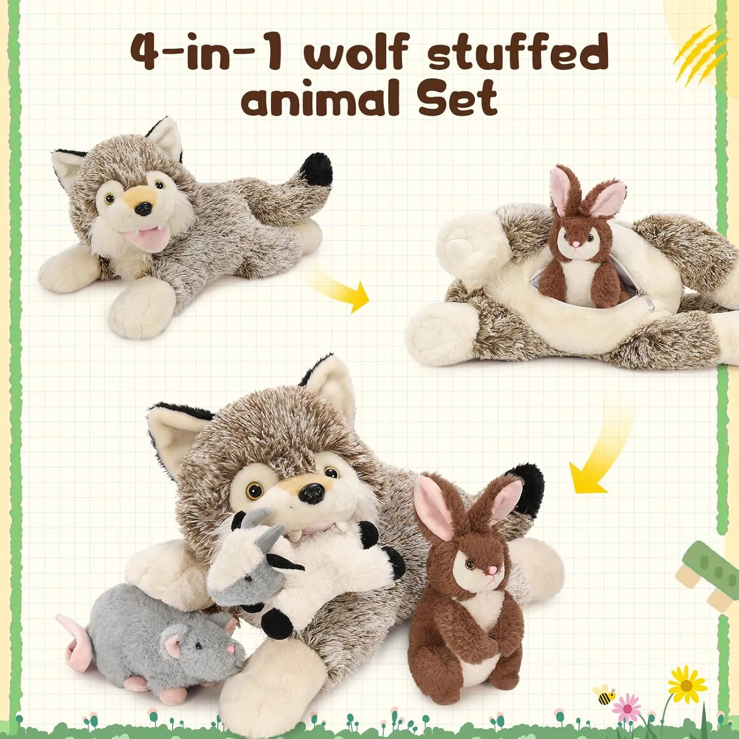 4Pcs Wolf Stuffed Animals, 20" Magnetic Wolf Plush with Bunny Goat Mice in Giant Coyote's Zippered Belly, Christmas Birthday for Boys Girls Kids, Wildlife Party Decor
