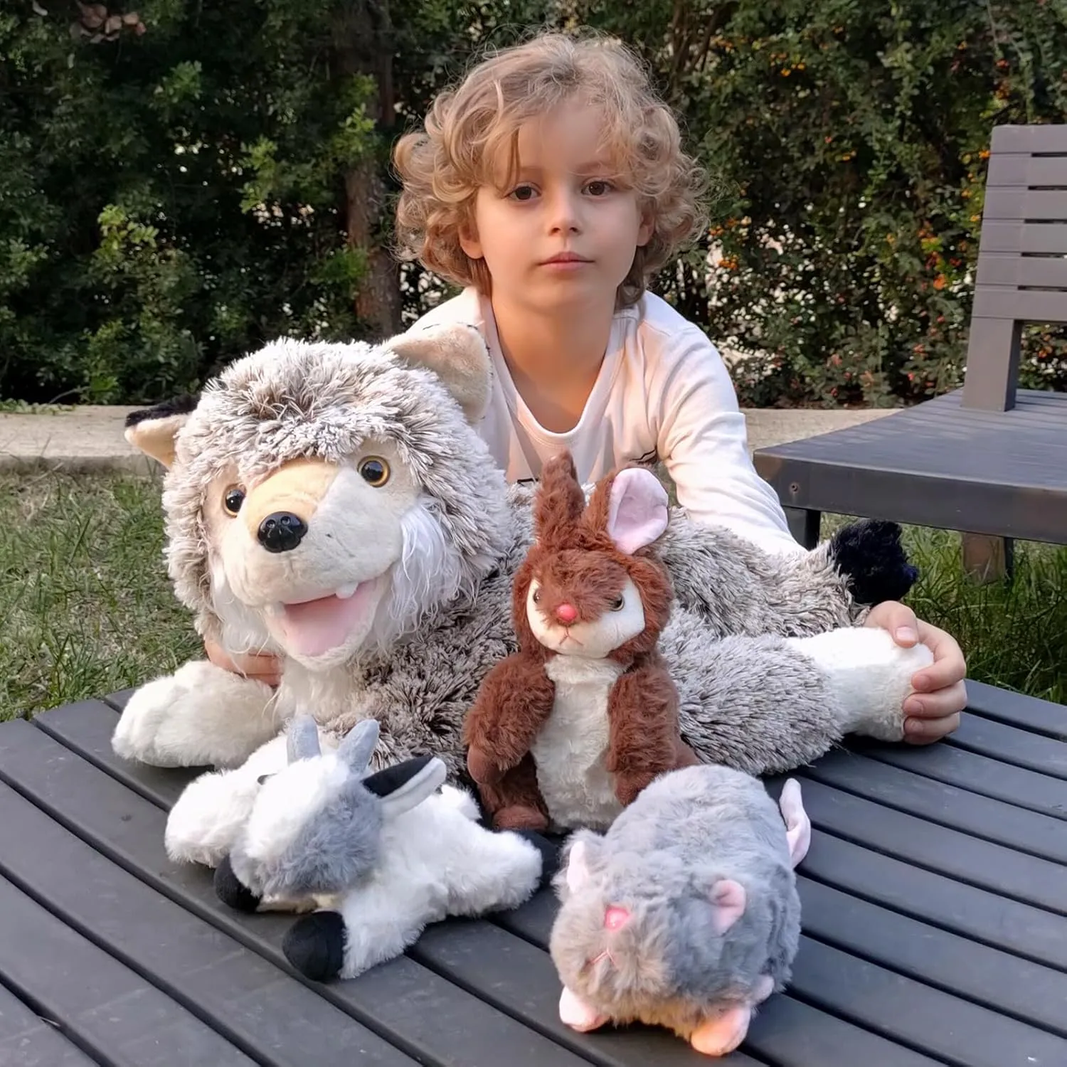 4Pcs Wolf Stuffed Animals, 20" Magnetic Wolf Plush with Bunny Goat Mice in Giant Coyote's Zippered Belly, Christmas Birthday for Boys Girls Kids, Wildlife Party Decor
