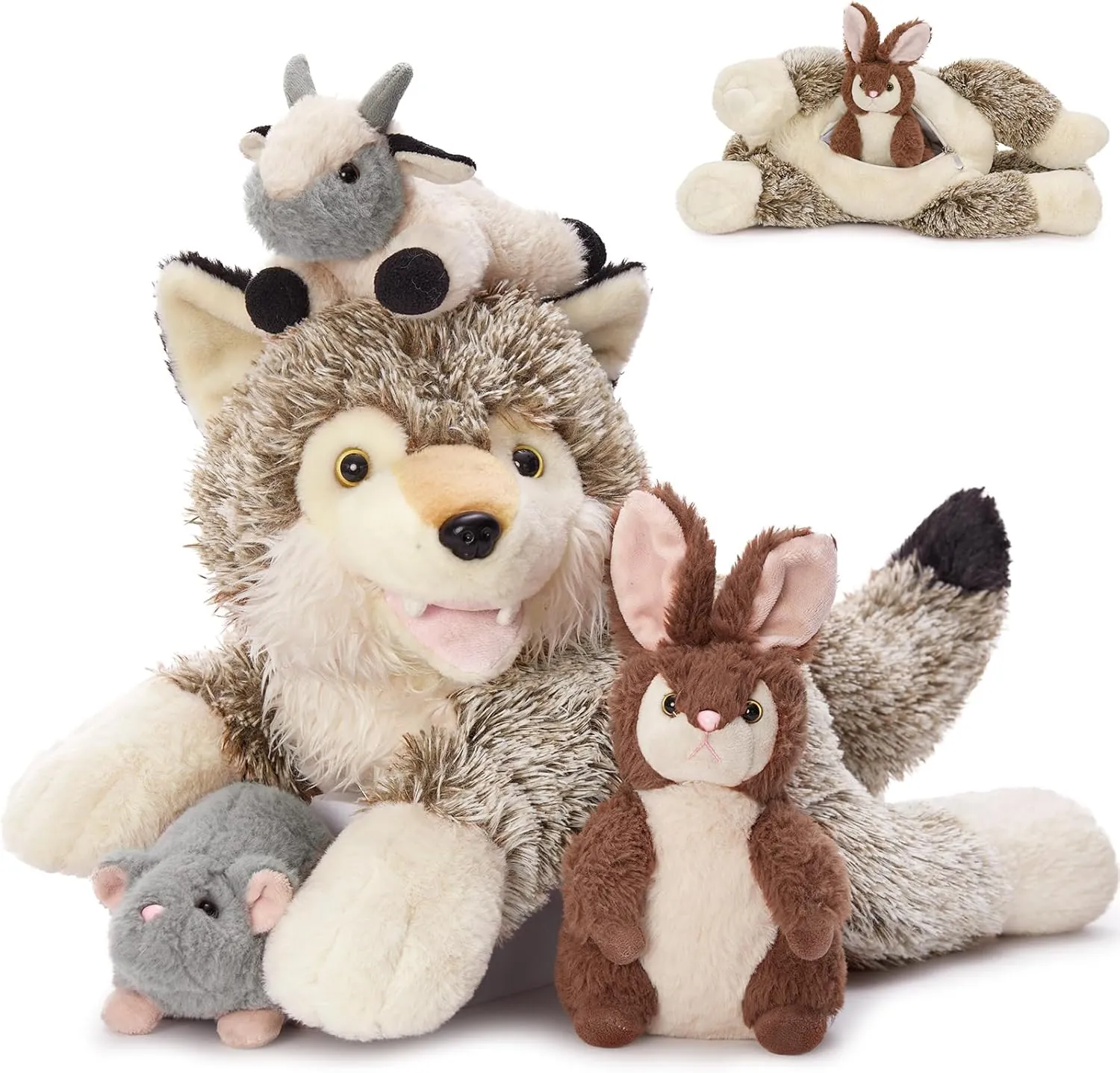 4Pcs Wolf Stuffed Animals, 20" Magnetic Wolf Plush with Bunny Goat Mice in Giant Coyote's Zippered Belly, Christmas Birthday for Boys Girls Kids, Wildlife Party Decor