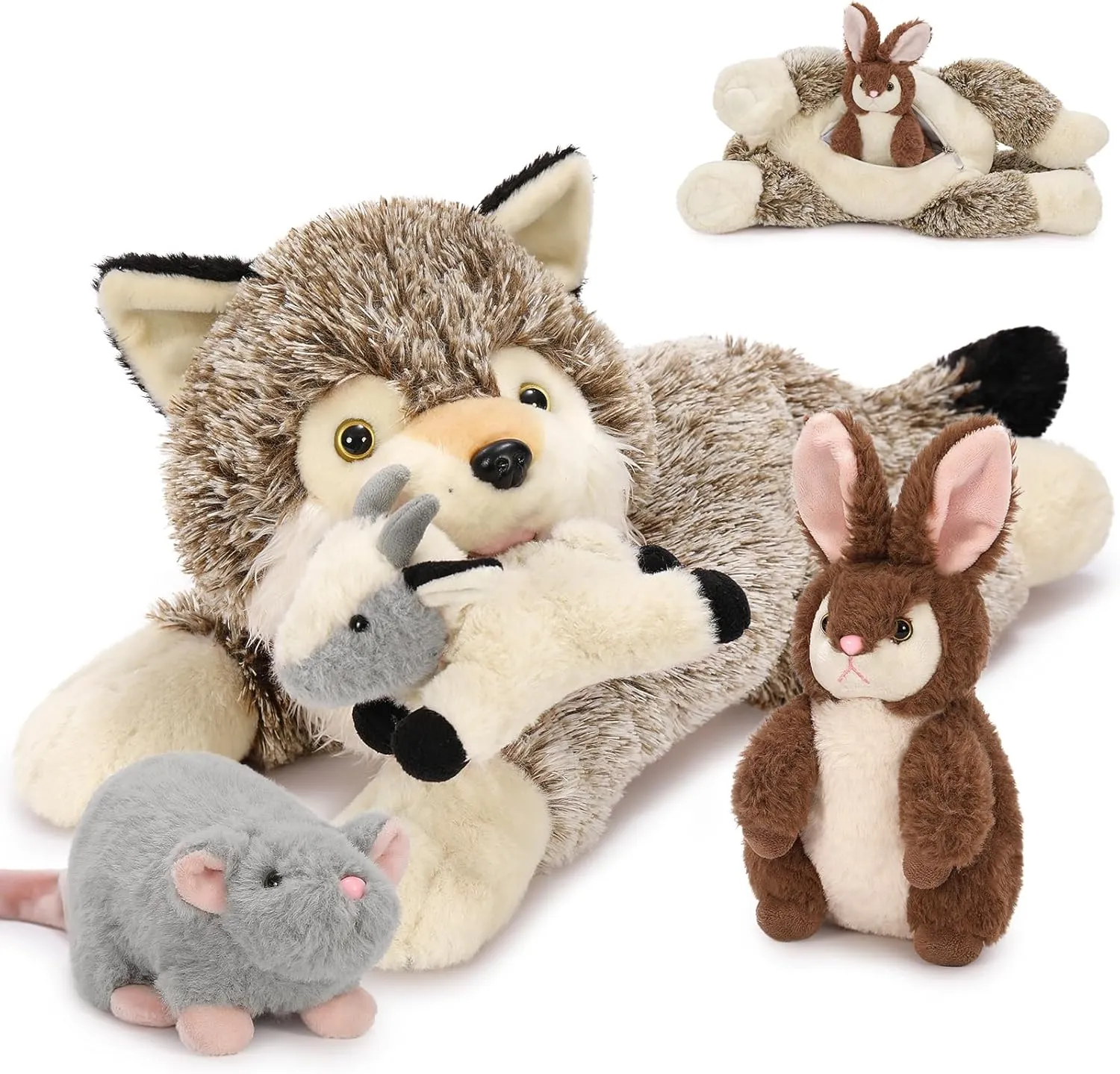 4Pcs Wolf Stuffed Animals, 20" Magnetic Wolf Plush with Bunny Goat Mice in Giant Coyote's Zippered Belly, Christmas Birthday for Boys Girls Kids, Wildlife Party Decor