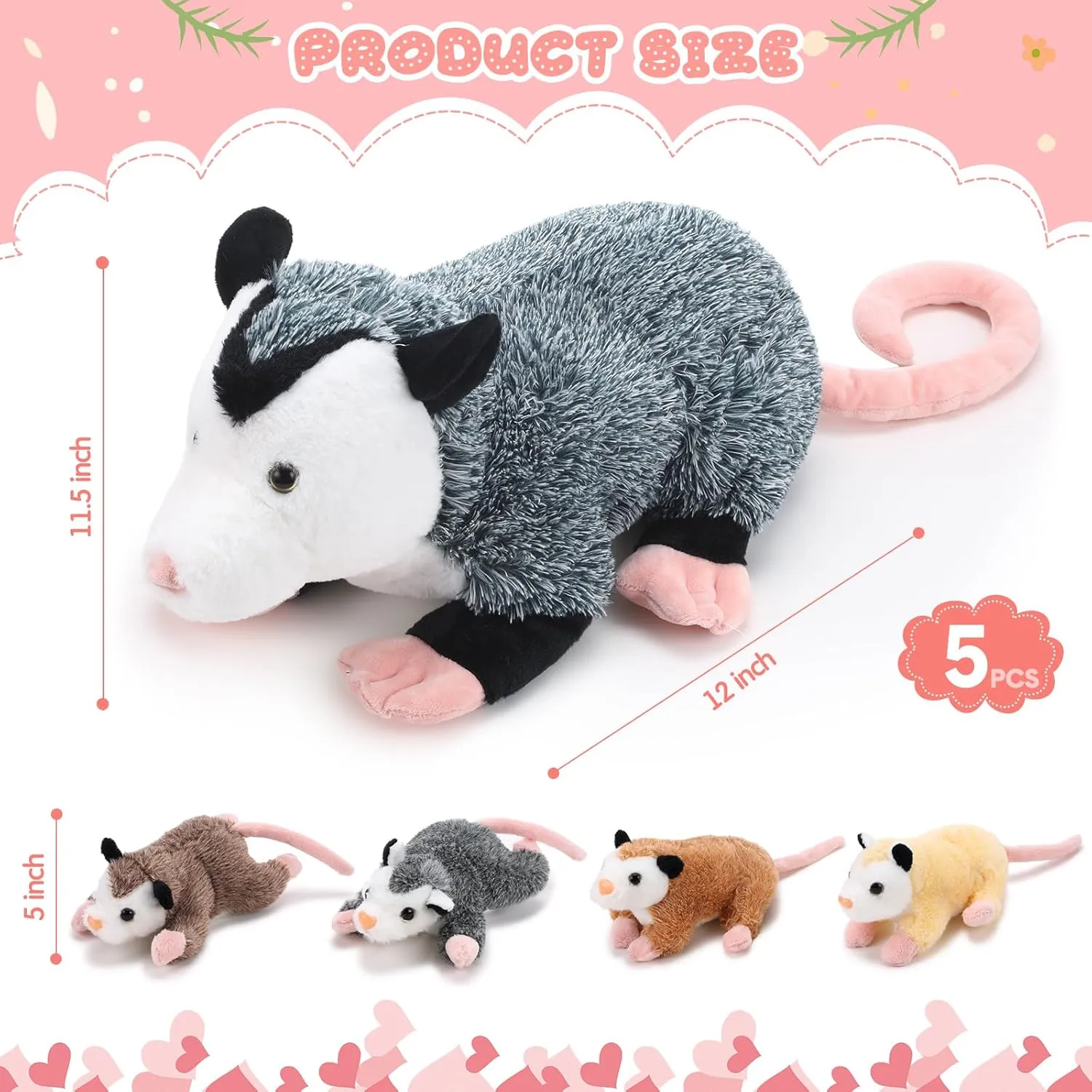 5 Pcs Stuffed Opossum Mommy Possum Plush with 4 Baby Opossums Stuffed Toy on Her Back, Magnetic Attraction Cotton Plush Animal Toy Gift for Boys Girls Possum Lover(Classic)
