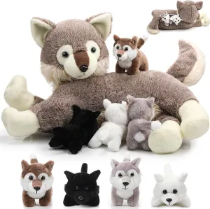 5 Pcs Wolf Stuffed Animals Set 20 Inch Mommy Plush with 4 Magnetic Baby Wolves in Her Zippered Tummy Soft Cuddly Plushie Gift for Boys Girls Valentine s Day Birthday Favors
