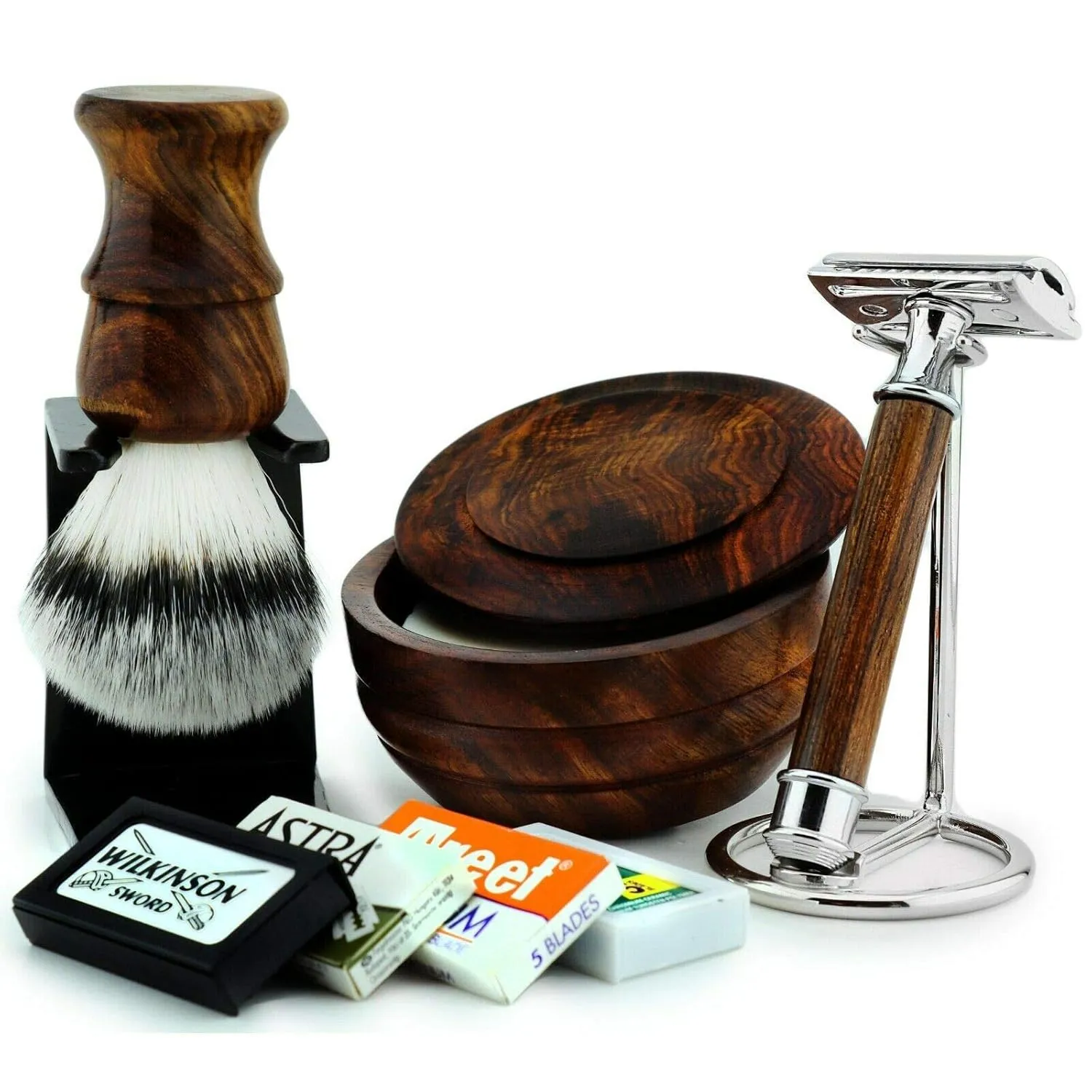 5 Pcs Wooden Made Men's Shaving Kit Classic Wet Shave Safety Razor, Synthetic Brush Free Blades | Light Handle | Easy blade | Luxury Shaving Set for Men