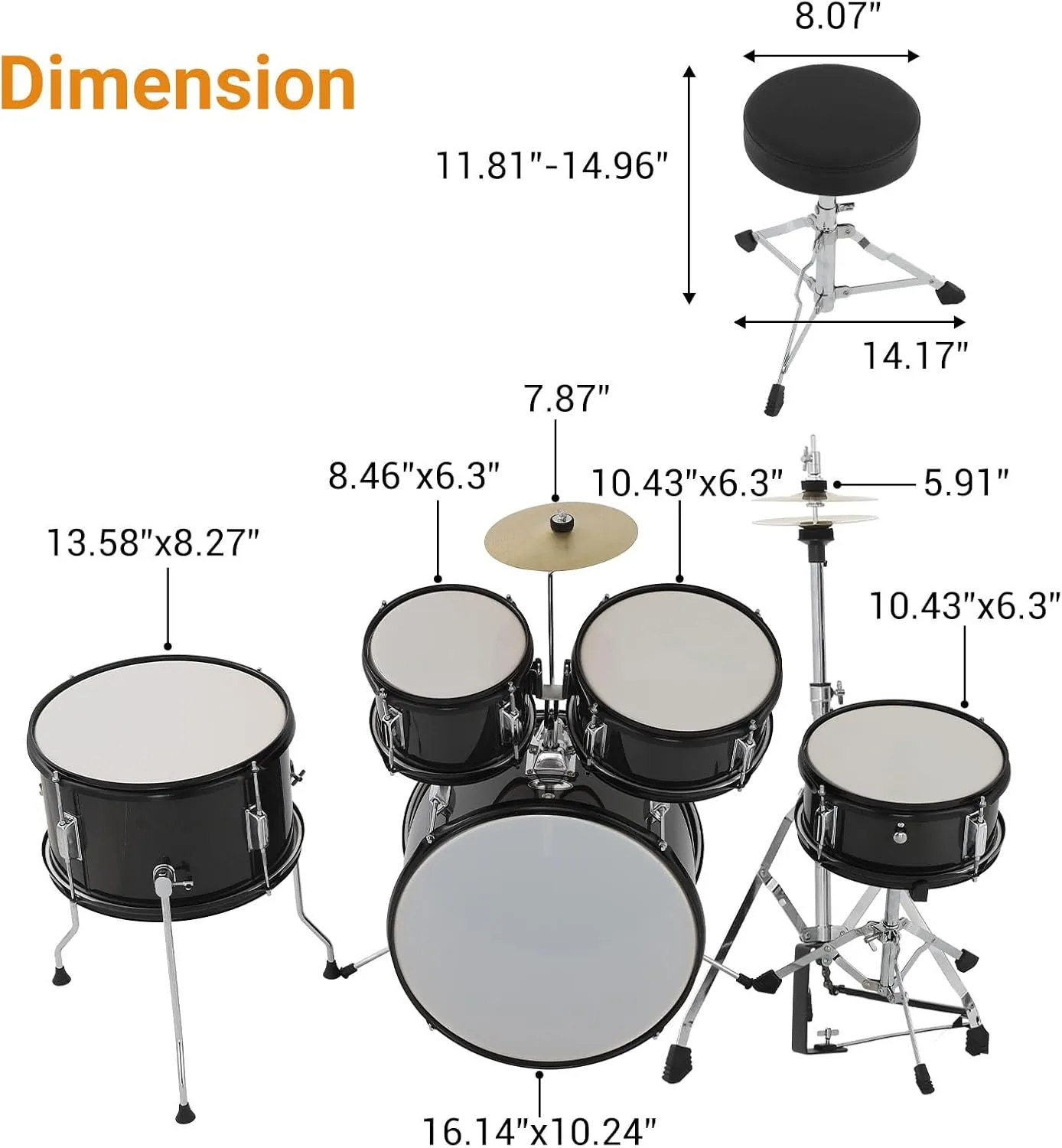 5 Piece Kids Drum Set with Tom,Cymbal, Youth Junior Drum Kit with Hi-Hat, Pedal, Drumsticks and Seat for Beginner, Teens,Black