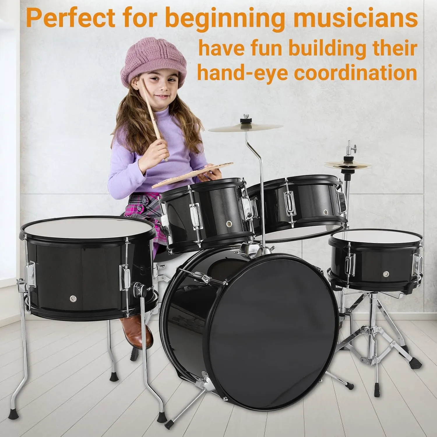 5 Piece Kids Drum Set with Tom,Cymbal, Youth Junior Drum Kit with Hi-Hat, Pedal, Drumsticks and Seat for Beginner, Teens,Black