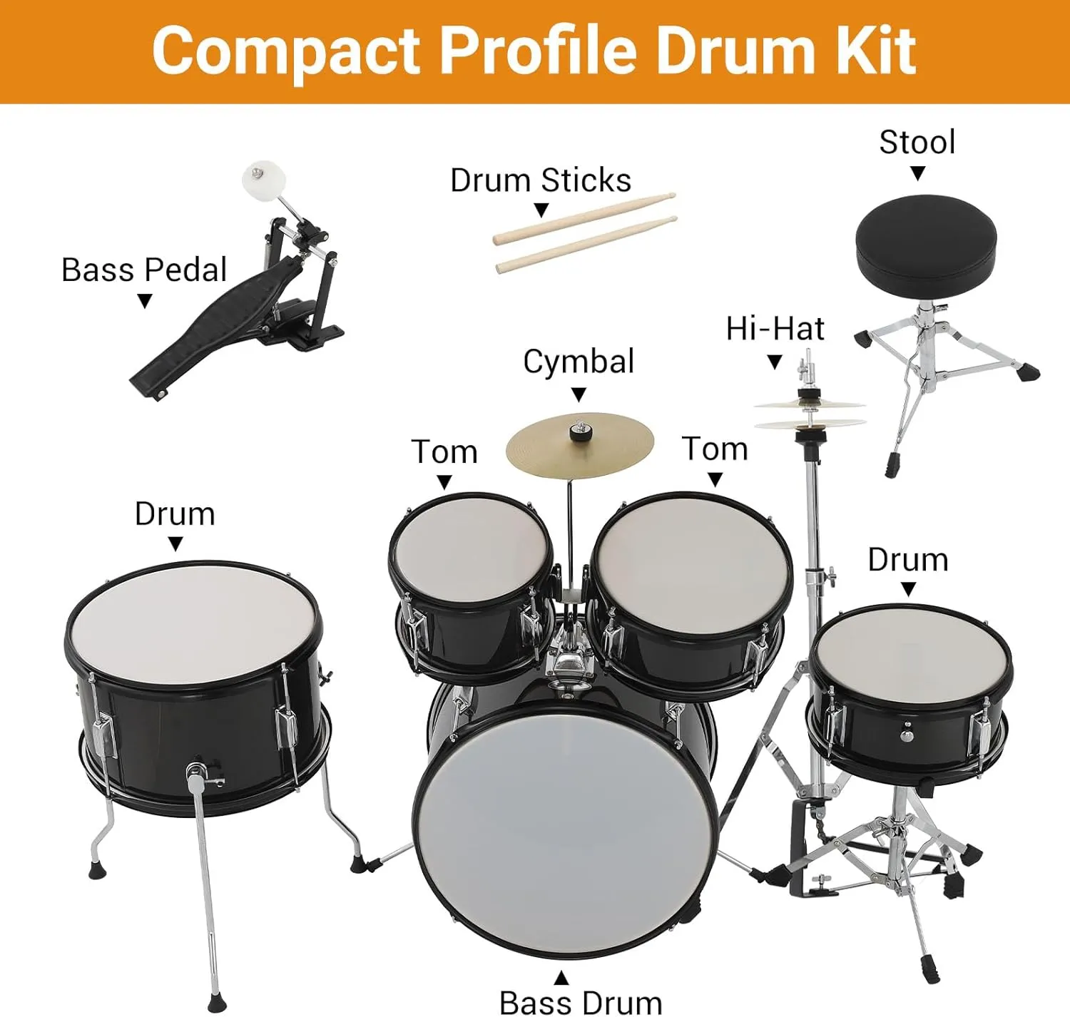 5 Piece Kids Drum Set with Tom,Cymbal, Youth Junior Drum Kit with Hi-Hat, Pedal, Drumsticks and Seat for Beginner, Teens,Black