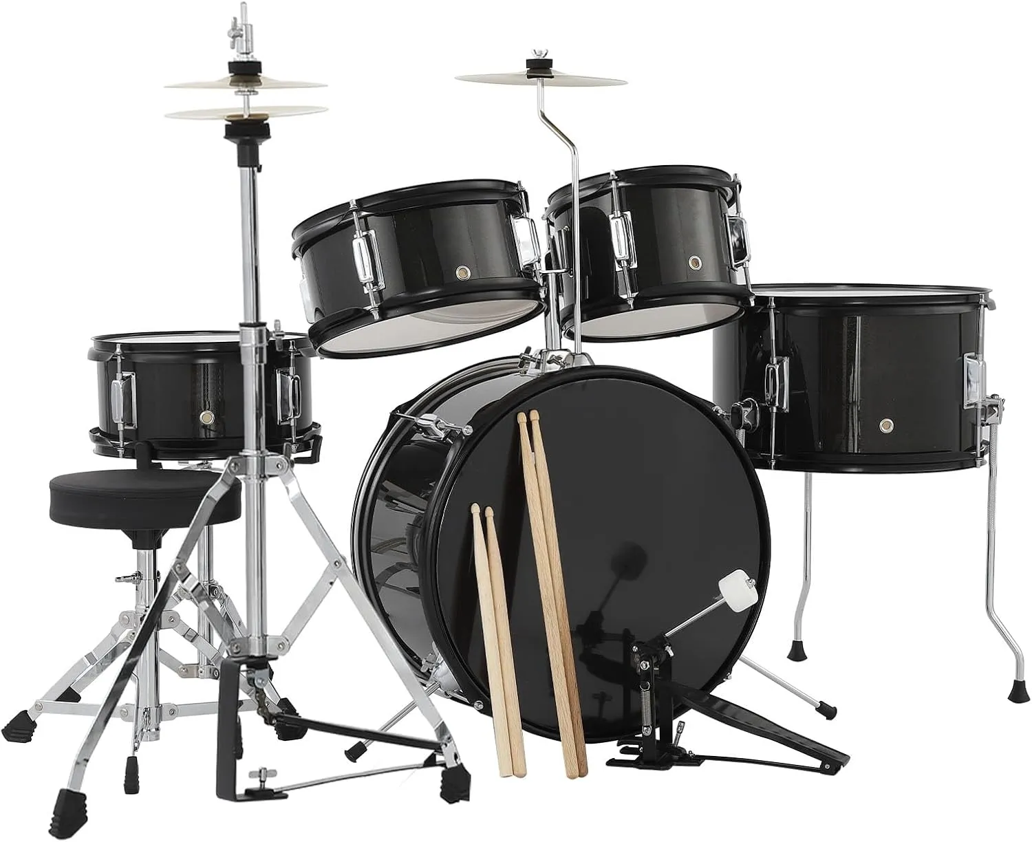 5 Piece Kids Drum Set with Tom,Cymbal, Youth Junior Drum Kit with Hi-Hat, Pedal, Drumsticks and Seat for Beginner, Teens,Black