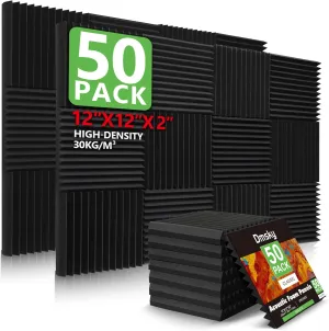 50 Pack Acoustic Foam Panels,2"X 12" X 12"Sound Proof Foam Panels-High Density Sound Absorbing Panels,Fire Resistant Soundproof Wedges Panels for Studio Recording & Office & Home