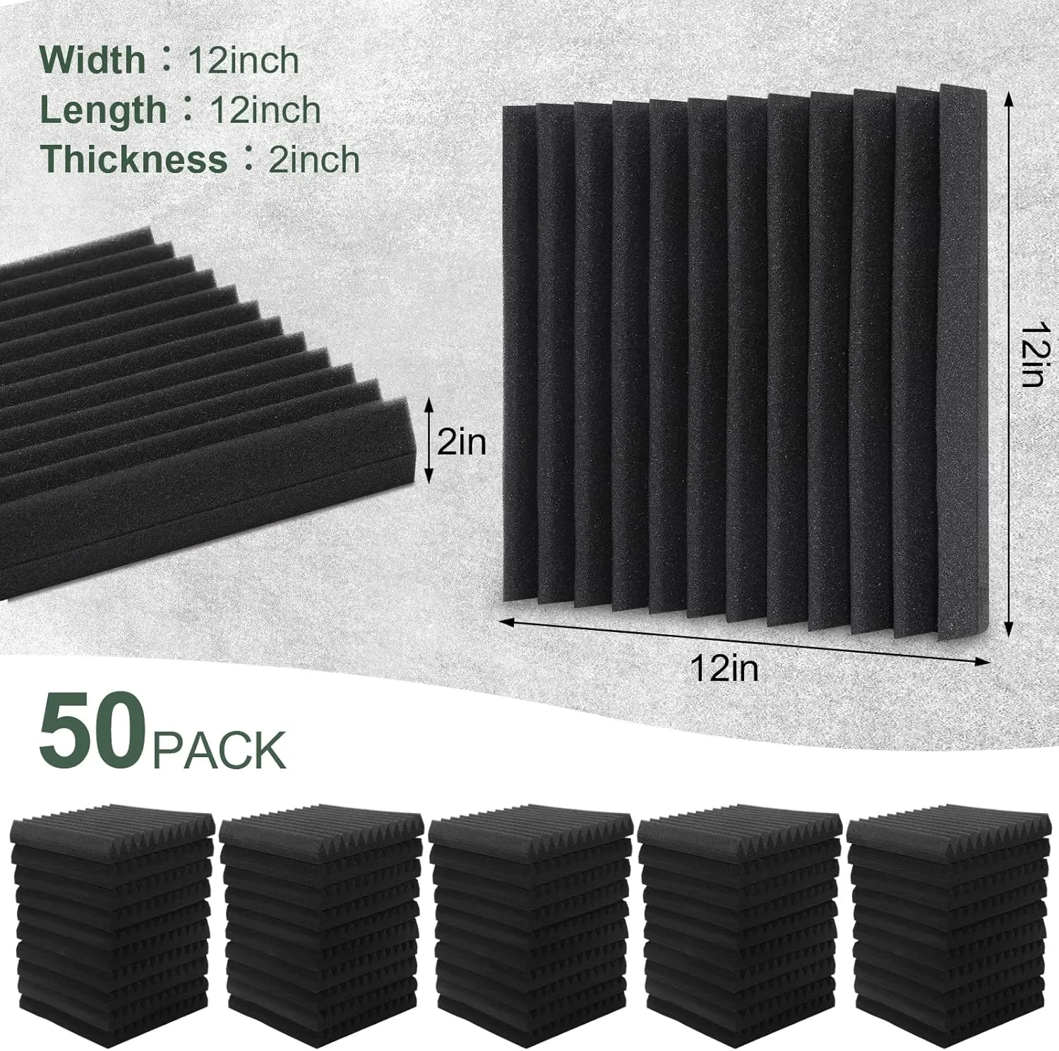 50 Pack Acoustic Foam Panels,2"X 12" X 12"Sound Proof Foam Panels-High Density Sound Absorbing Panels,Fire Resistant Soundproof Wedges Panels for Studio Recording & Office & Home