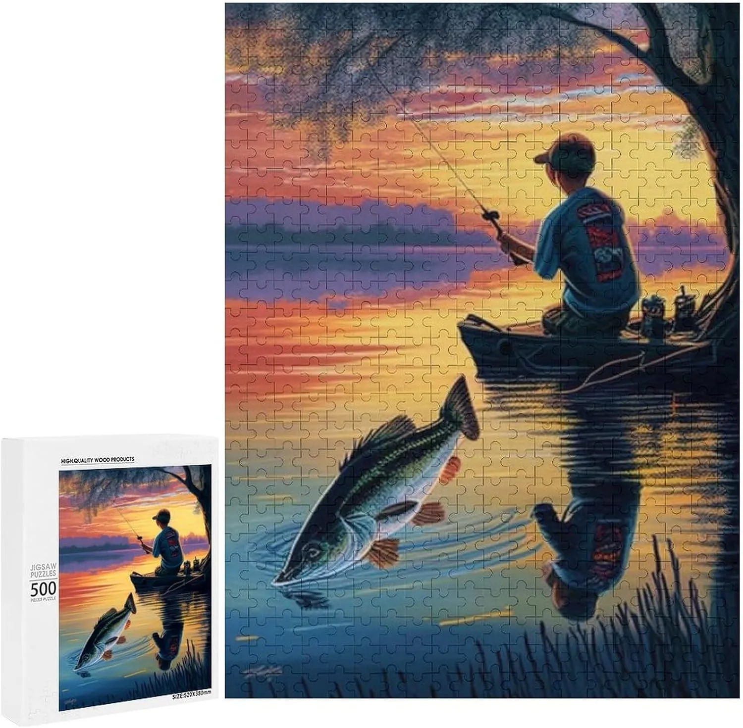 500 Pieces Jigsaw Puzzle for Adults - Fishing Boy Puzzles - Sunset Lake View Puzzles for Family Games, Puzzle for Gifts, Funny Puzzle for Education