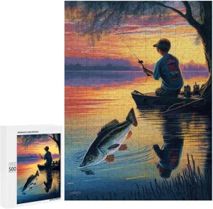 500 Pieces Jigsaw Puzzle for Adults - Fishing Boy Puzzles - Sunset Lake View Puzzles for Family Games, Puzzle for Gifts, Funny Puzzle for Education