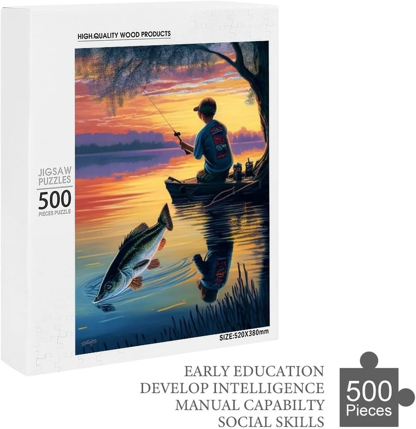 500 Pieces Jigsaw Puzzle for Adults - Fishing Boy Puzzles - Sunset Lake View Puzzles for Family Games, Puzzle for Gifts, Funny Puzzle for Education