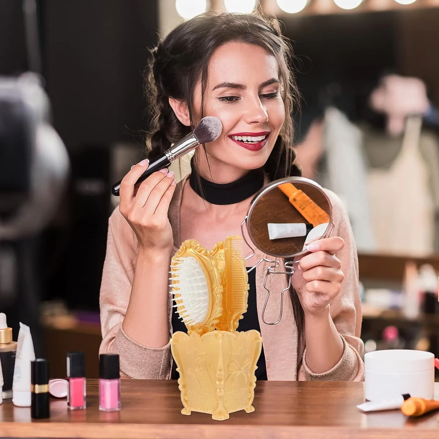 5pcs Vintage Hand Mirror Comb Set Makeup Vanity Mirror Comb Hair Brush Set Detangling Hair Brush Rat Tail Comb with Comb Holder Golden Womens Wallet Womens Wallet