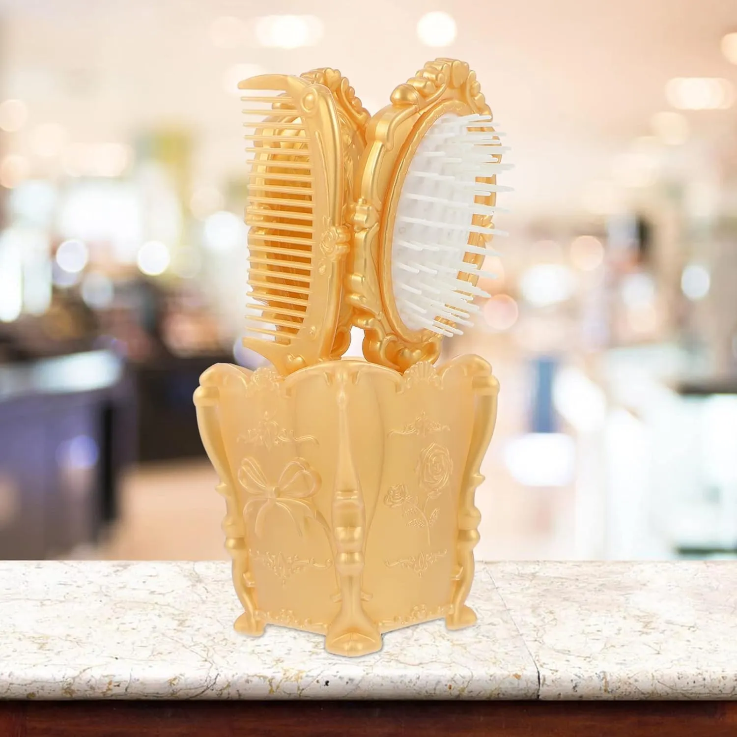 5pcs Vintage Hand Mirror Comb Set Makeup Vanity Mirror Comb Hair Brush Set Detangling Hair Brush Rat Tail Comb with Comb Holder Golden Womens Wallet Womens Wallet