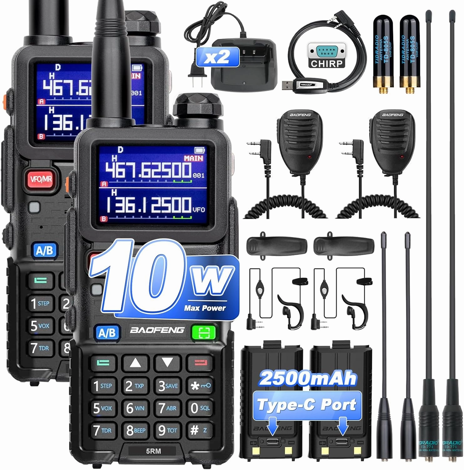 5RM 10W Ham Radio Handheld Long Range Two Way Radio,NOAA Weather Receiver,UV-5RM Walkie Talkies with USB-C Charging,Speaker MIC,Programming Cable and Long Antenna, 2 Pack Full Kits