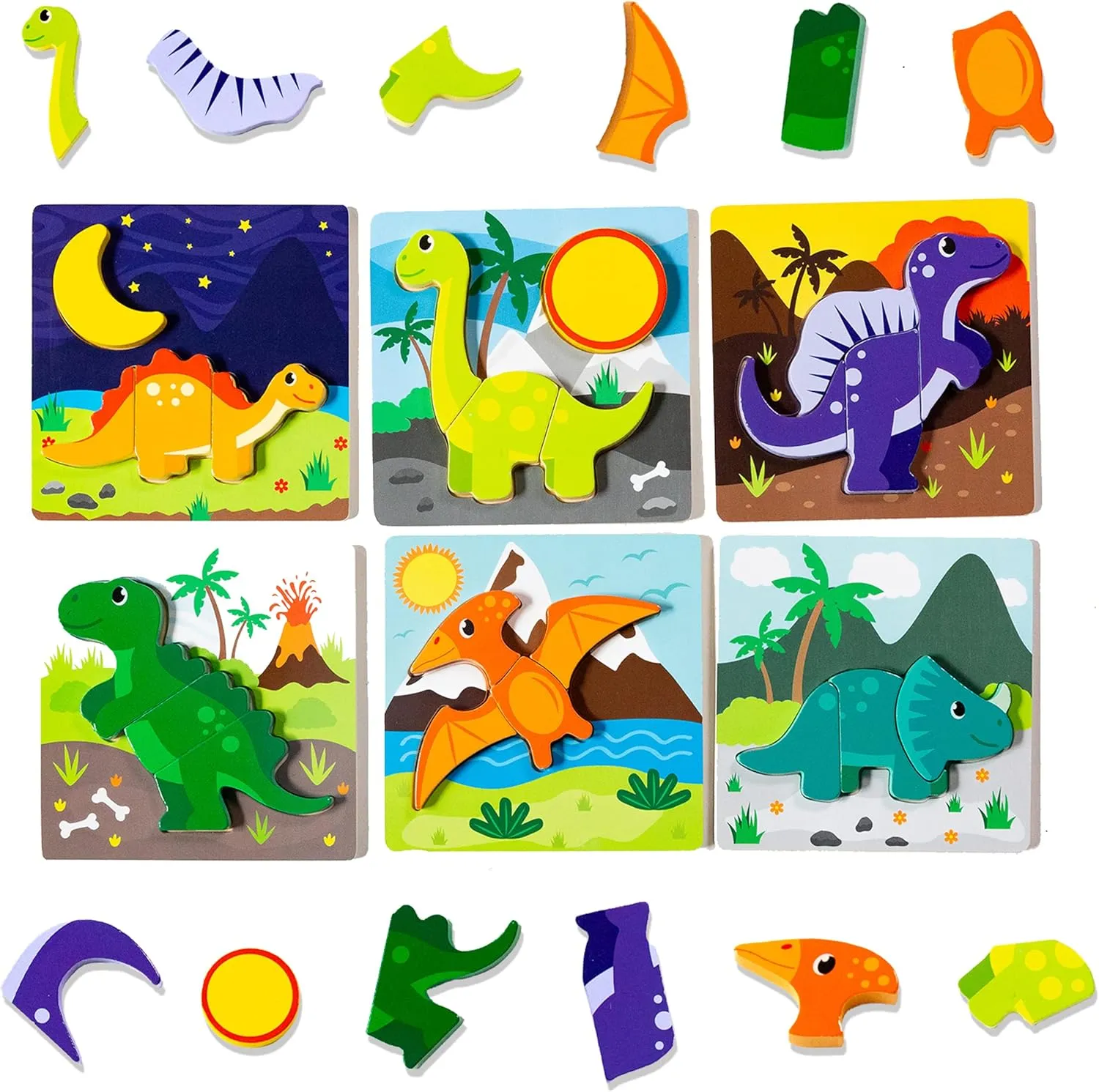 6 PK Dinosaur Wooden Toddler Puzzles Ages 2-4 | Wooden Puzzles for Toddlers 1-3 | Montessori Toys for 2 Year Old | Learning Toys for 2  Year Olds