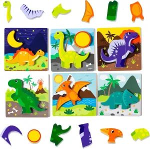 6 PK Dinosaur Wooden Toddler Puzzles Ages 2-4 | Wooden Puzzles for Toddlers 1-3 | Montessori Toys for 2 Year Old | Learning Toys for 2  Year Olds