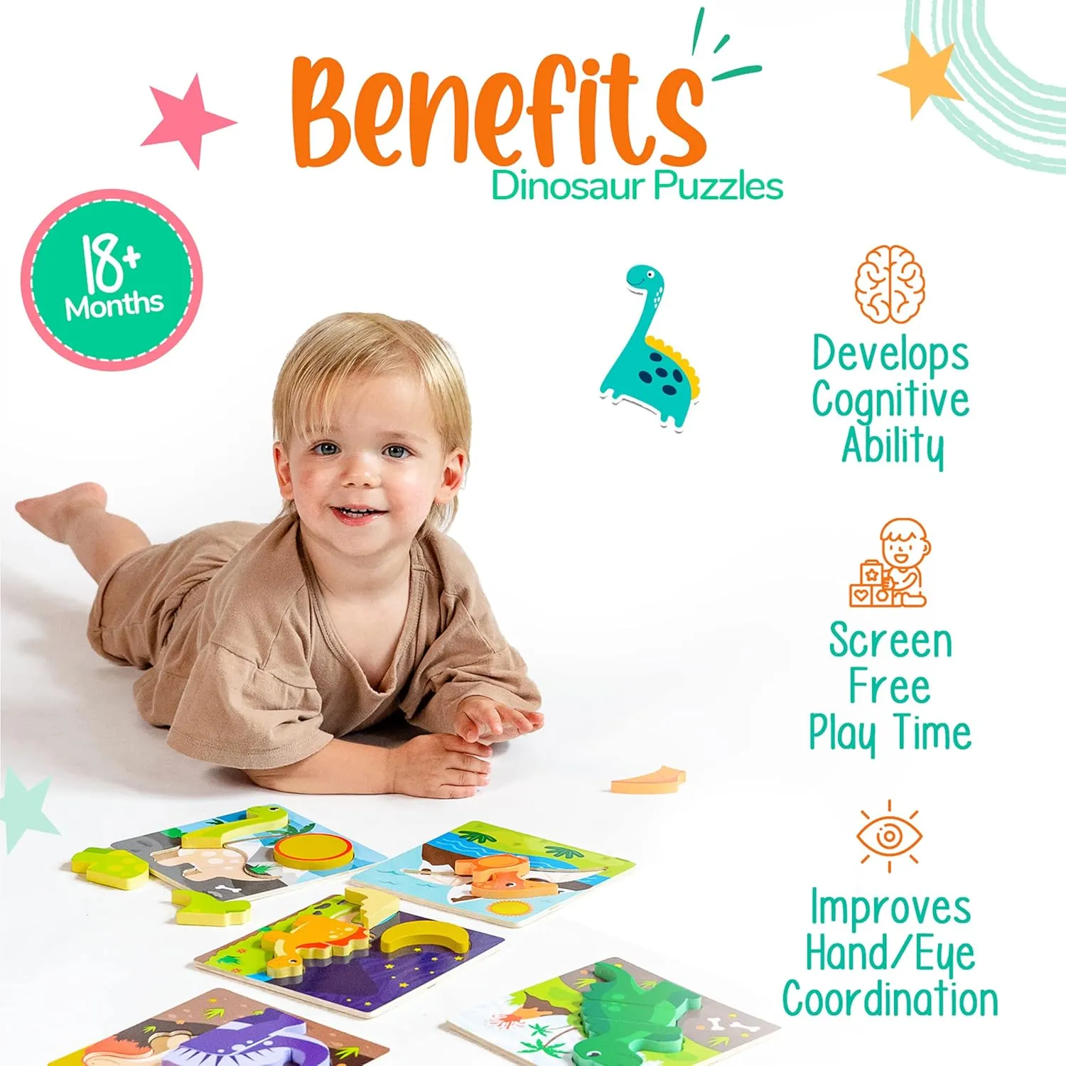6 PK Dinosaur Wooden Toddler Puzzles Ages 2-4 | Wooden Puzzles for Toddlers 1-3 | Montessori Toys for 2 Year Old | Learning Toys for 2  Year Olds