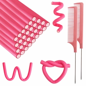 60 Pieces Flexible Curling Rods, 9.45 x 0.31 inches Foam Hair Rollers for Long Hair Short Hair Women Girls, No Heat Hair Curlers with Steel Pintail Rat Tail Comb, Pink