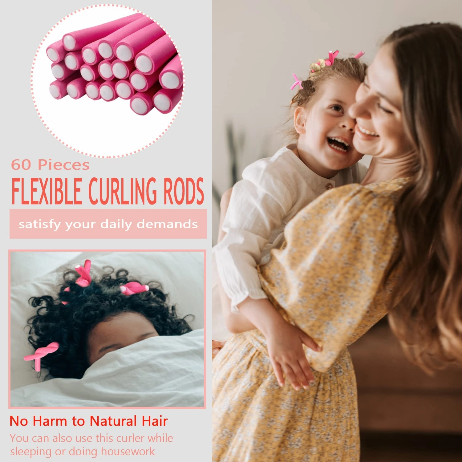60 Pieces Flexible Curling Rods, 9.45 x 0.31 inches Foam Hair Rollers for Long Hair Short Hair Women Girls, No Heat Hair Curlers with Steel Pintail Rat Tail Comb, Pink