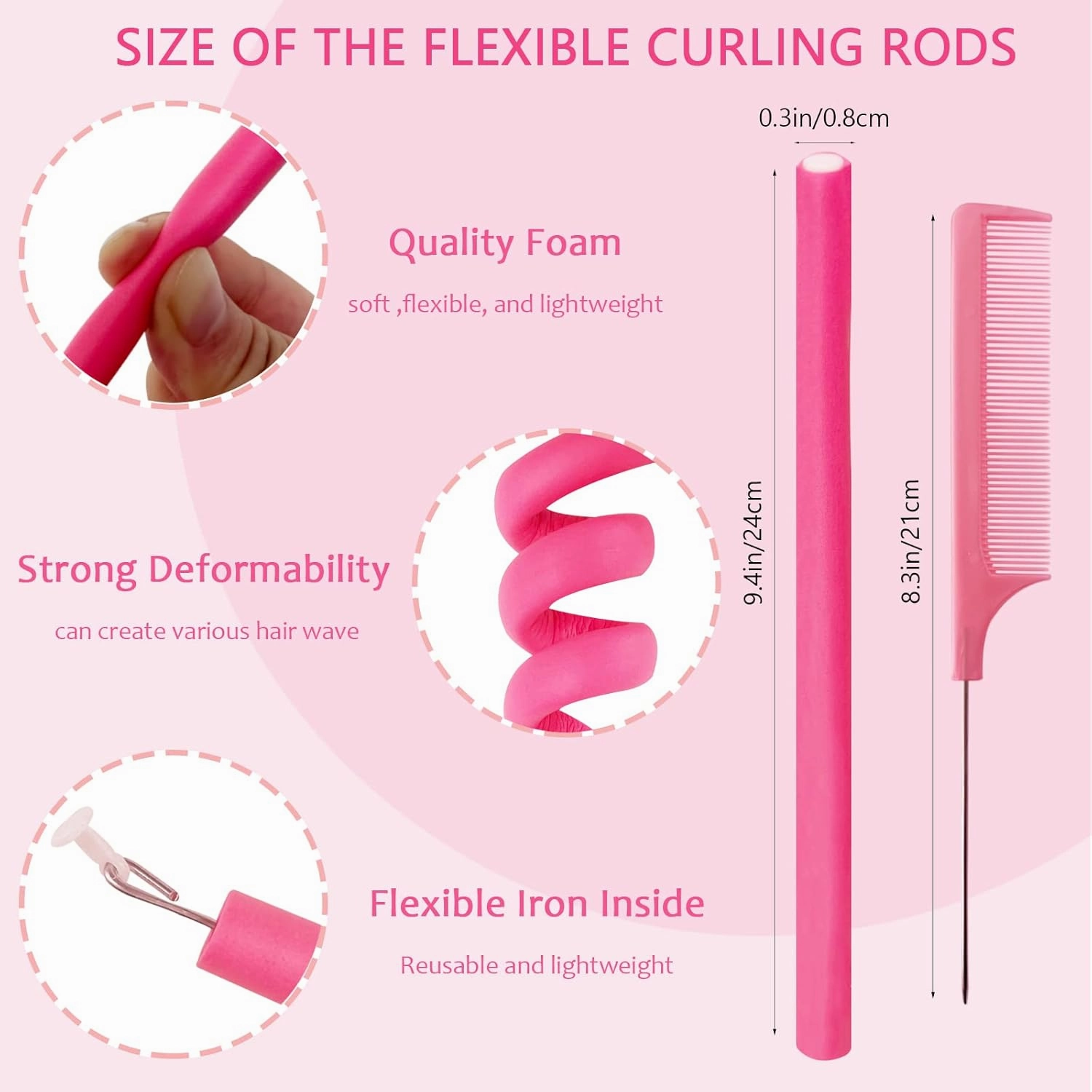 60 Pieces Flexible Curling Rods, 9.45 x 0.31 inches Foam Hair Rollers for Long Hair Short Hair Women Girls, No Heat Hair Curlers with Steel Pintail Rat Tail Comb, Pink