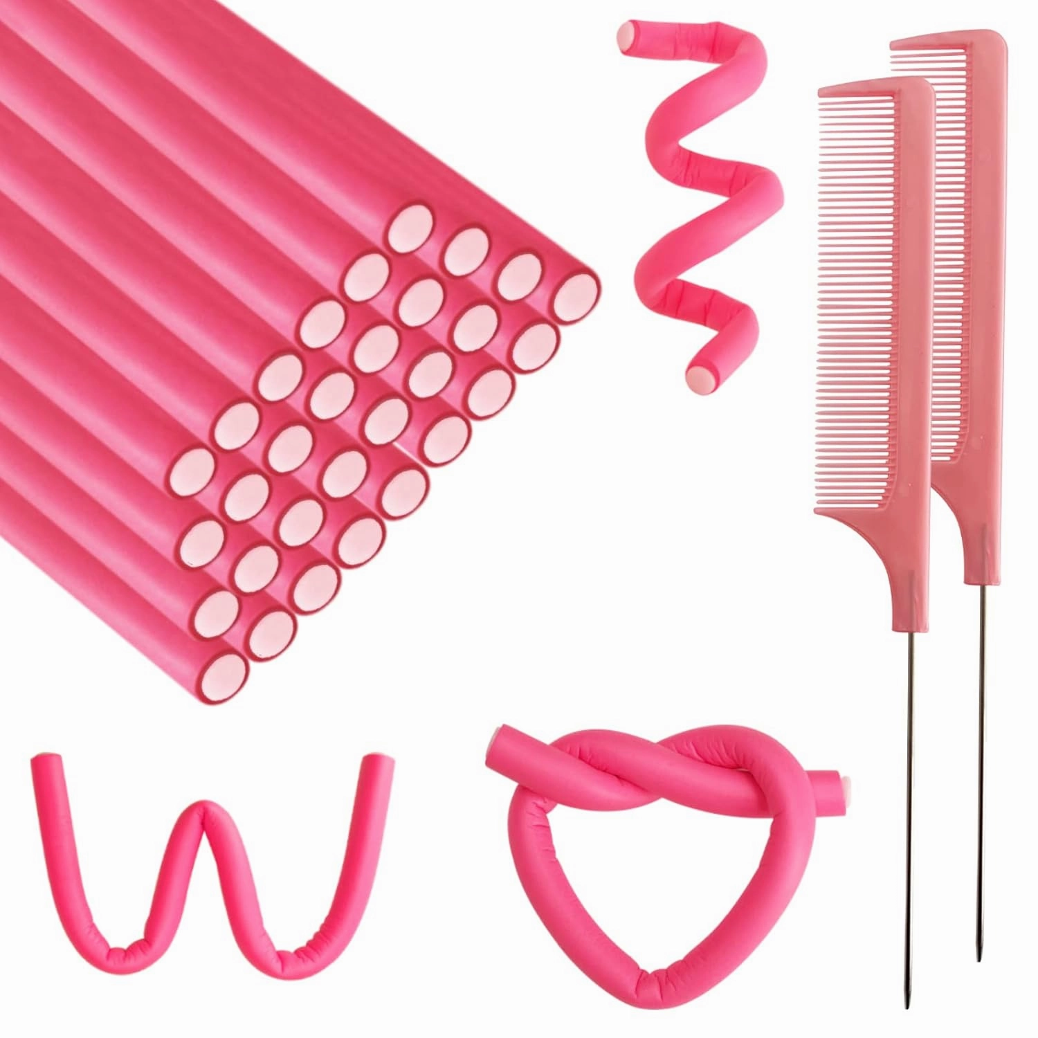 60 Pieces Flexible Curling Rods, 9.45 x 0.31 inches Foam Hair Rollers for Long Hair Short Hair Women Girls, No Heat Hair Curlers with Steel Pintail Rat Tail Comb, Pink
