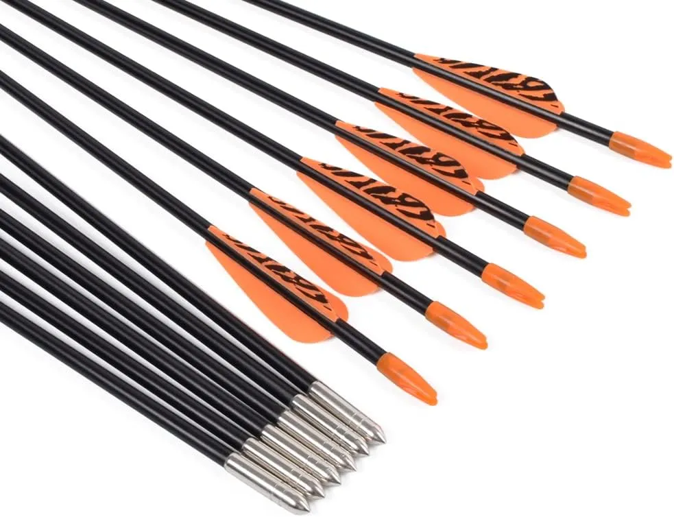 6875 Fiberglass Arrows Archery 24/26/28/30 Inch Target Shooting Safetyglass Recurve Bows Suitable for Youth Children Woman Beginner 6 or 12pcs/Pack (tigerspot Orange Vanes)