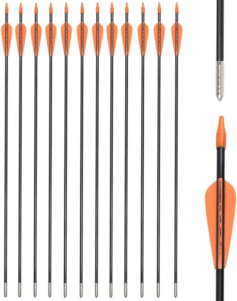 6875 Fiberglass Arrows Archery 24/26/28/30 Inch Target Shooting Safetyglass Recurve Bows Suitable for Youth Children Woman Beginner 6 or 12pcs/Pack (tigerspot Orange Vanes)