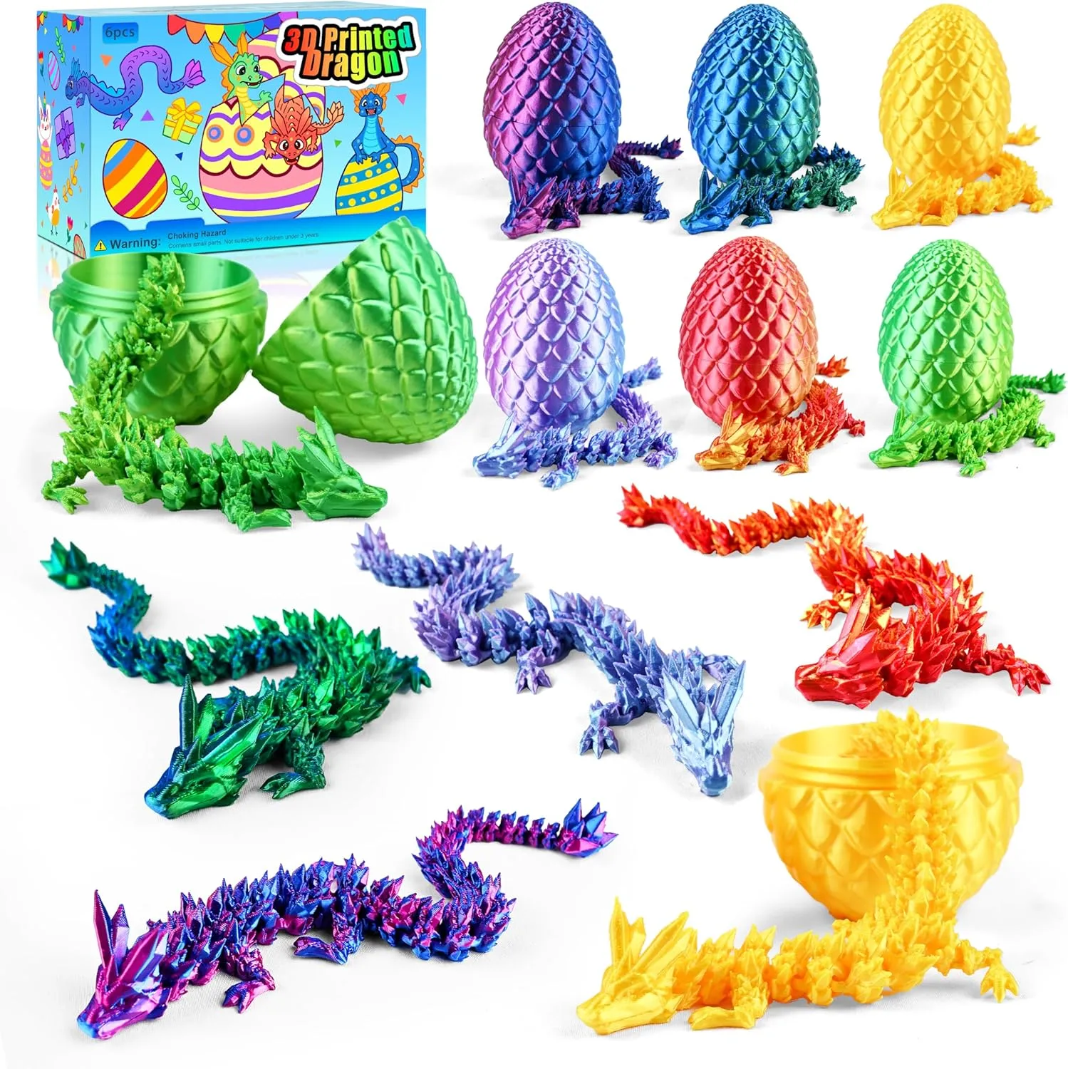 6PCS 3D Dragon Eggs with Dragon Inside, Easter Basket Stuffers Mini Egg Set Articulated Unique Easter Basket Essentials for Adults Kids