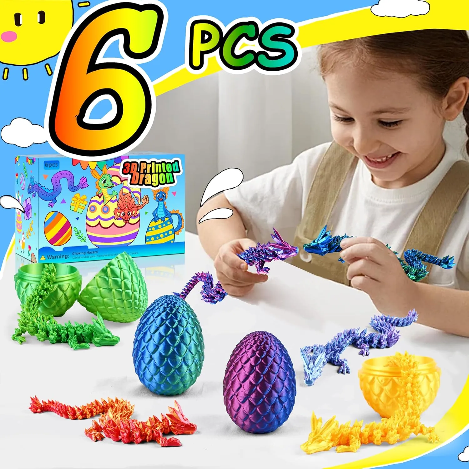 6PCS 3D Dragon Eggs with Dragon Inside, Easter Basket Stuffers Mini Egg Set Articulated Unique Easter Basket Essentials for Adults Kids