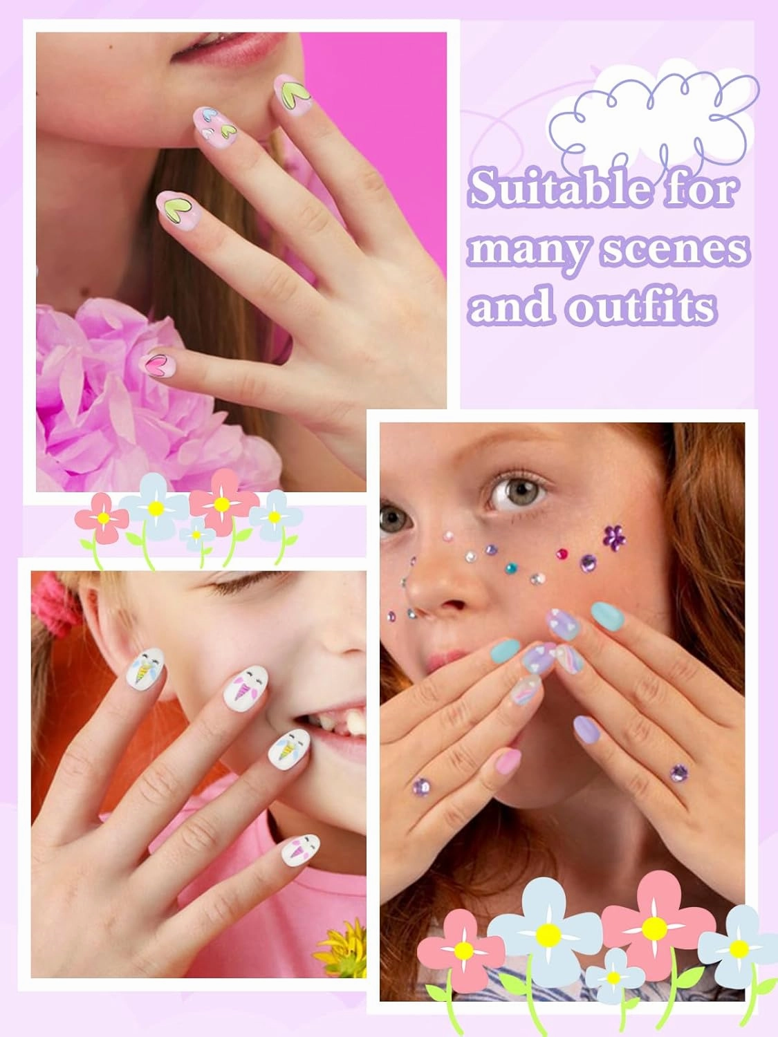 78 Pieces Press on Nails for Kids, EBANKU 3 Pack Kid Fake Nail Kit Old Colorful Heart Press on Nails for Girls 8-12 Years with Jelly Nail Adhesives & Nail Builder Glue