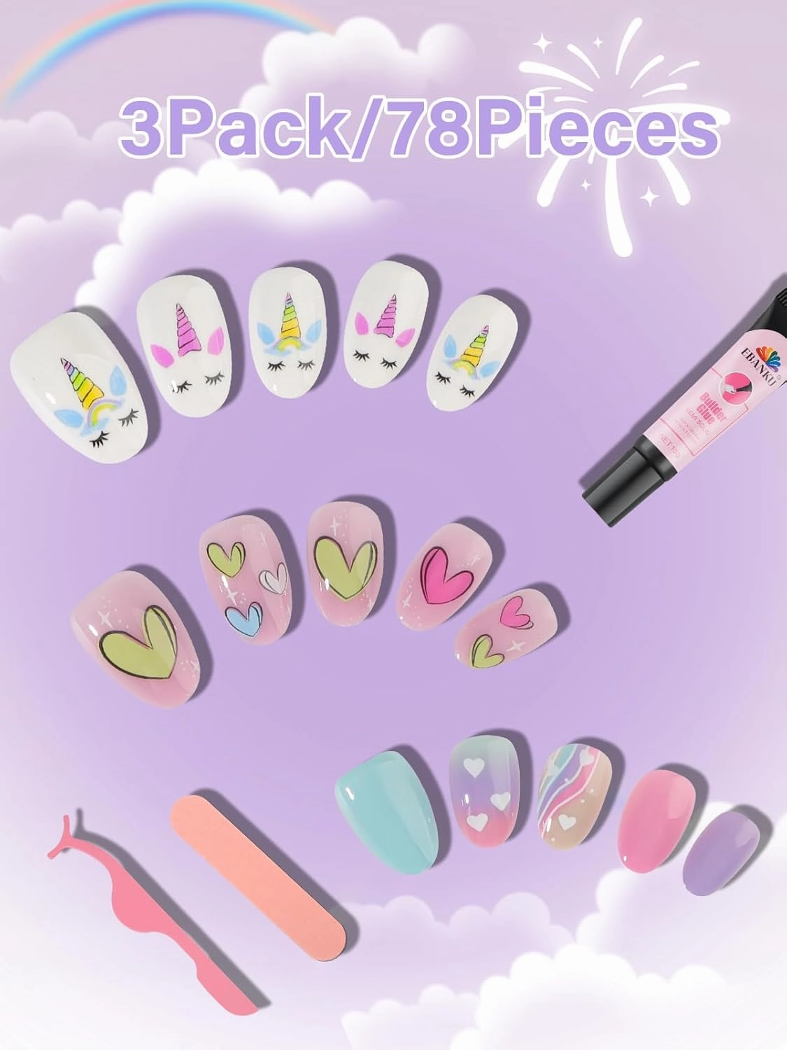 78 Pieces Press on Nails for Kids, EBANKU 3 Pack Kid Fake Nail Kit Old Colorful Heart Press on Nails for Girls 8-12 Years with Jelly Nail Adhesives & Nail Builder Glue