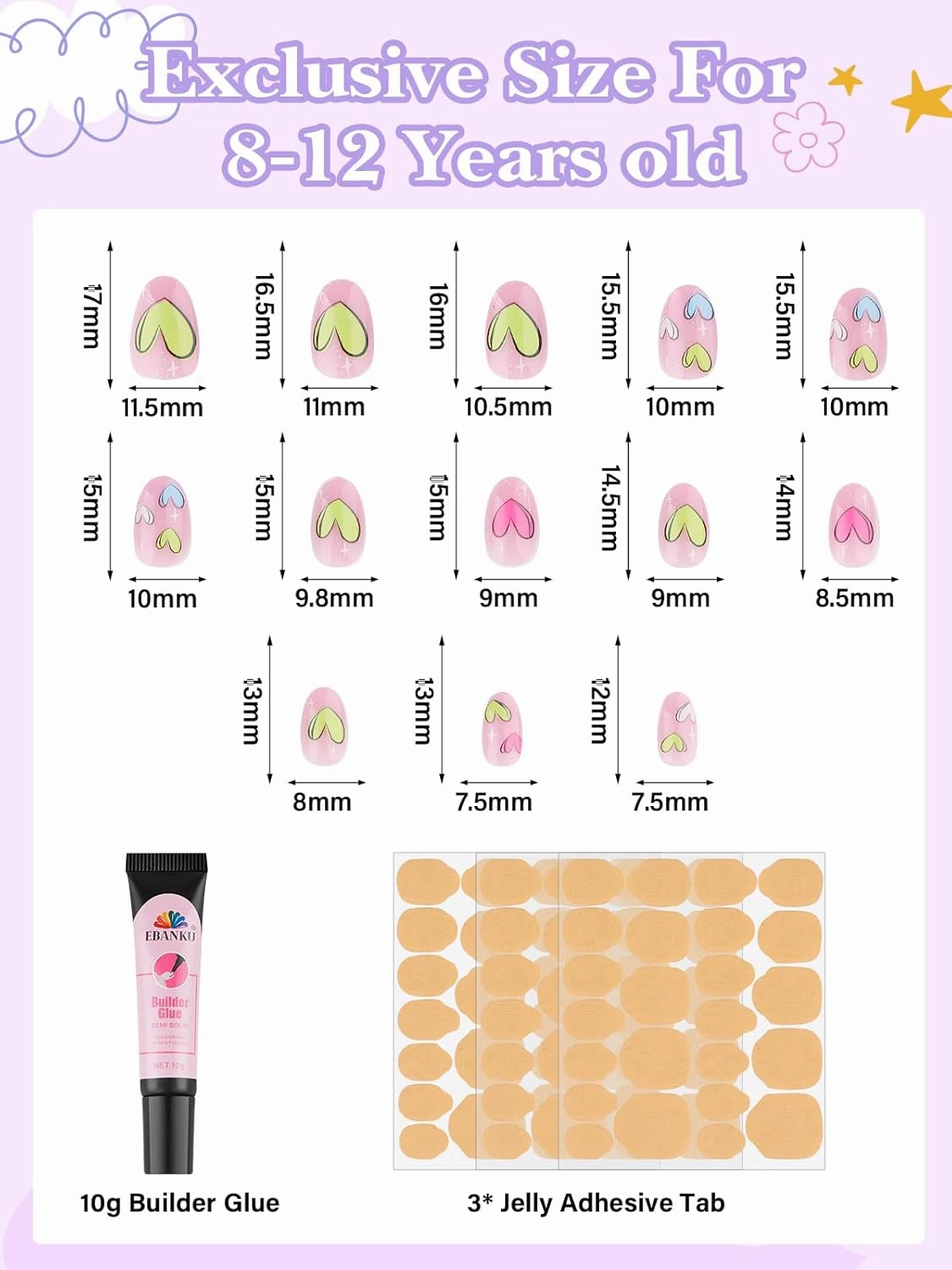 78 Pieces Press on Nails for Kids, EBANKU 3 Pack Kid Fake Nail Kit Old Colorful Heart Press on Nails for Girls 8-12 Years with Jelly Nail Adhesives & Nail Builder Glue