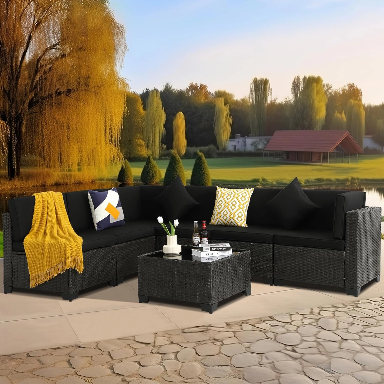 7 Piece Outdoor Patio Furniture Set, Outdoor Sectional Furniture, Rattan Chairs Glass Table Wicker Conversation Seating Sectional Sofa with Cushions (A-Black-Black, A-Straight Back)