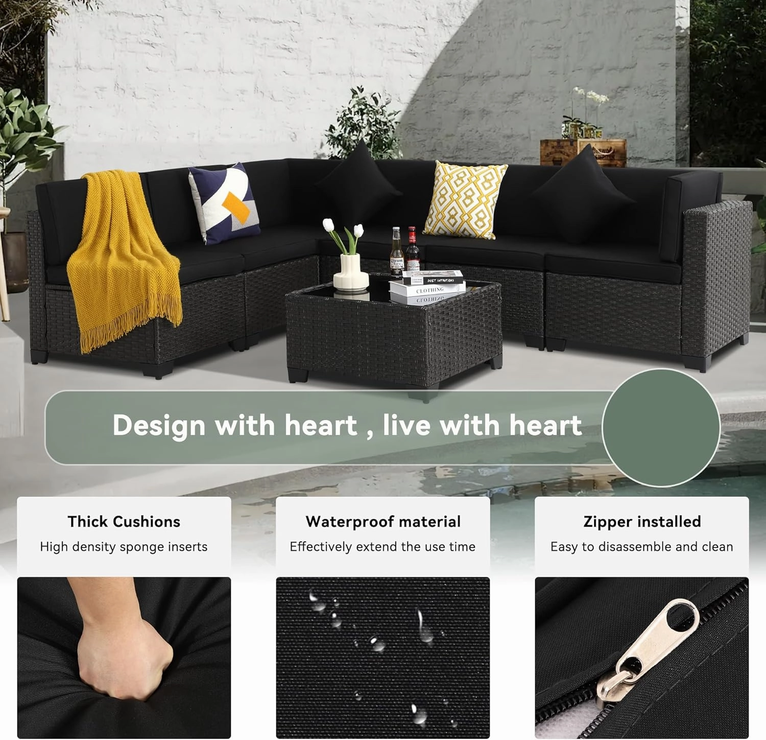 7 Piece Outdoor Patio Furniture Set, Outdoor Sectional Furniture, Rattan Chairs Glass Table Wicker Conversation Seating Sectional Sofa with Cushions (A-Black-Black, A-Straight Back)