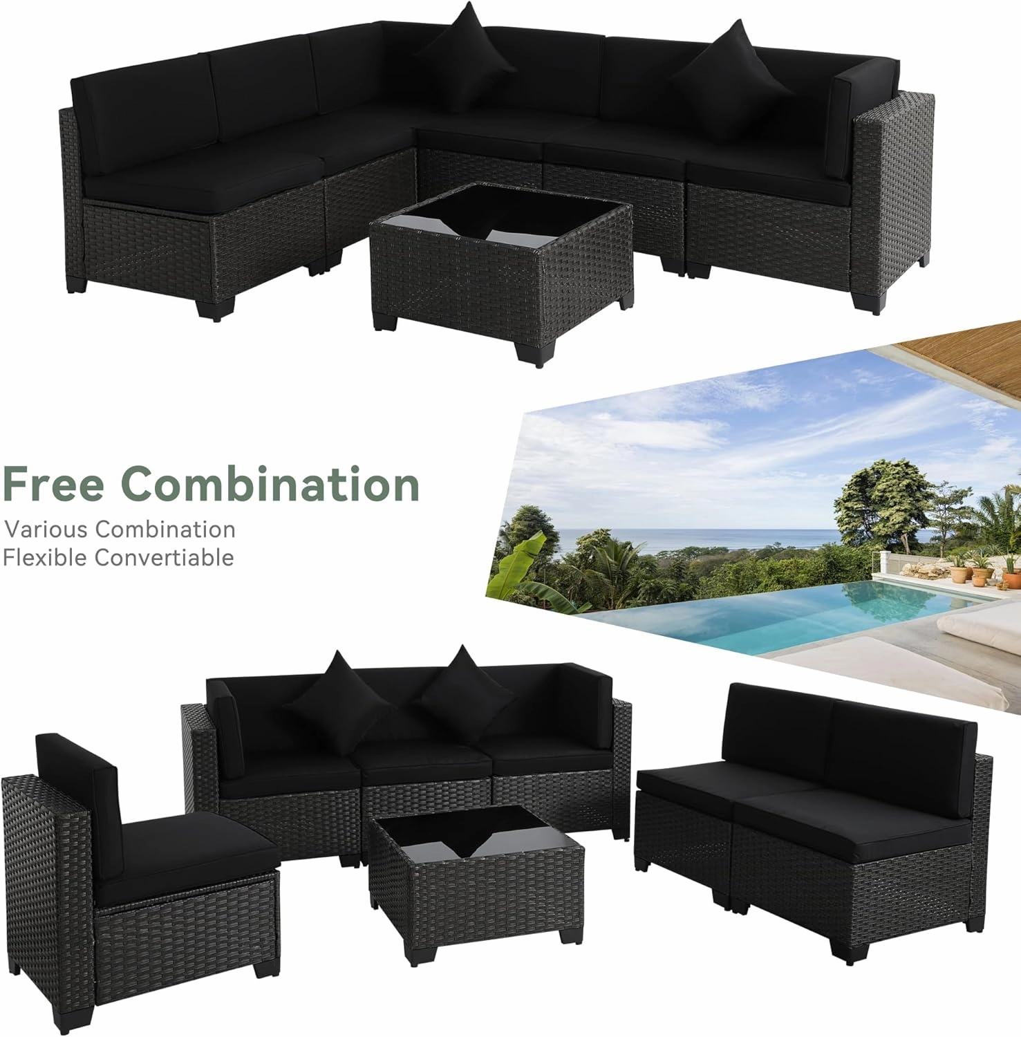 7 Piece Outdoor Patio Furniture Set, Outdoor Sectional Furniture, Rattan Chairs Glass Table Wicker Conversation Seating Sectional Sofa with Cushions (A-Black-Black, A-Straight Back)