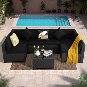 7 Piece Outdoor Patio Furniture Set, Outdoor Sectional Furniture, Rattan Chairs Glass Table Wicker Conversation Seating Sectional Sofa with Cushions (A-Black-Black, A-Straight Back)