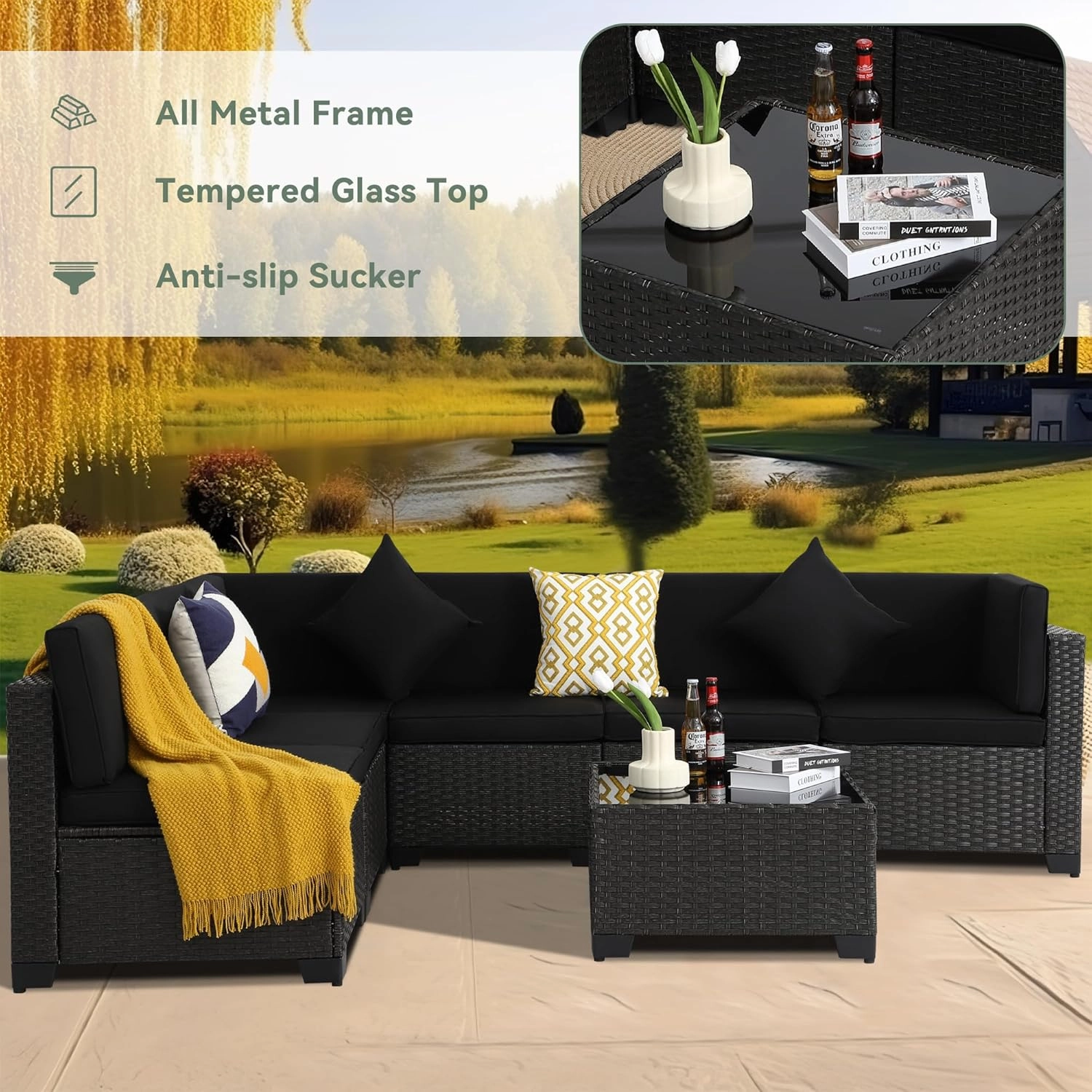 7 Piece Outdoor Patio Furniture Set, Outdoor Sectional Furniture, Rattan Chairs Glass Table Wicker Conversation Seating Sectional Sofa with Cushions (A-Black-Black, A-Straight Back)
