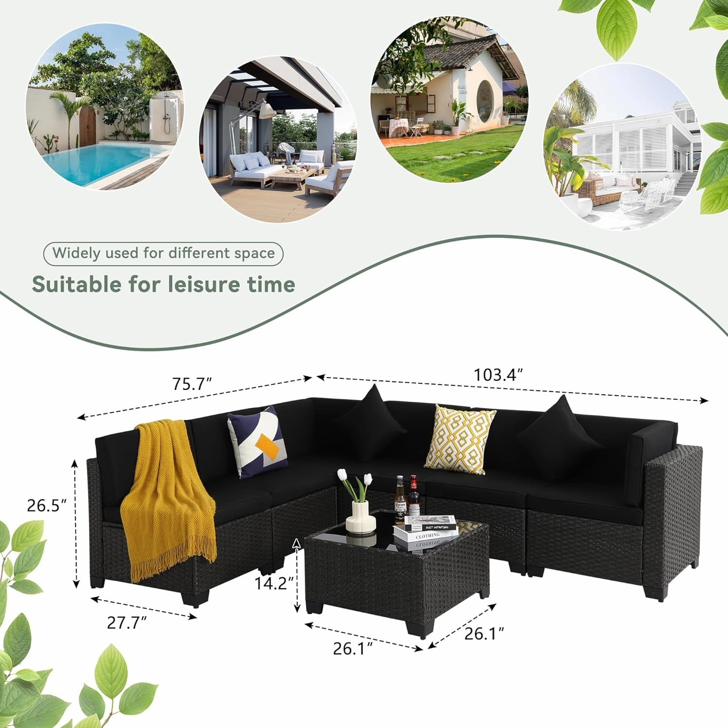 7 Piece Outdoor Patio Furniture Set, Outdoor Sectional Furniture, Rattan Chairs Glass Table Wicker Conversation Seating Sectional Sofa with Cushions (A-Black-Black, A-Straight Back)