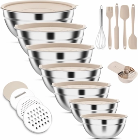 7-Piece Stainless Steel Mixing Bowls Set with Lids & 3 Grater Attachments – Size 4.5, 4, 3.5, 2.1, 1.5, 1.1, 0.7QT, Kitchen Gadgets Set for Cooking, Baking, and Serving, Khaki