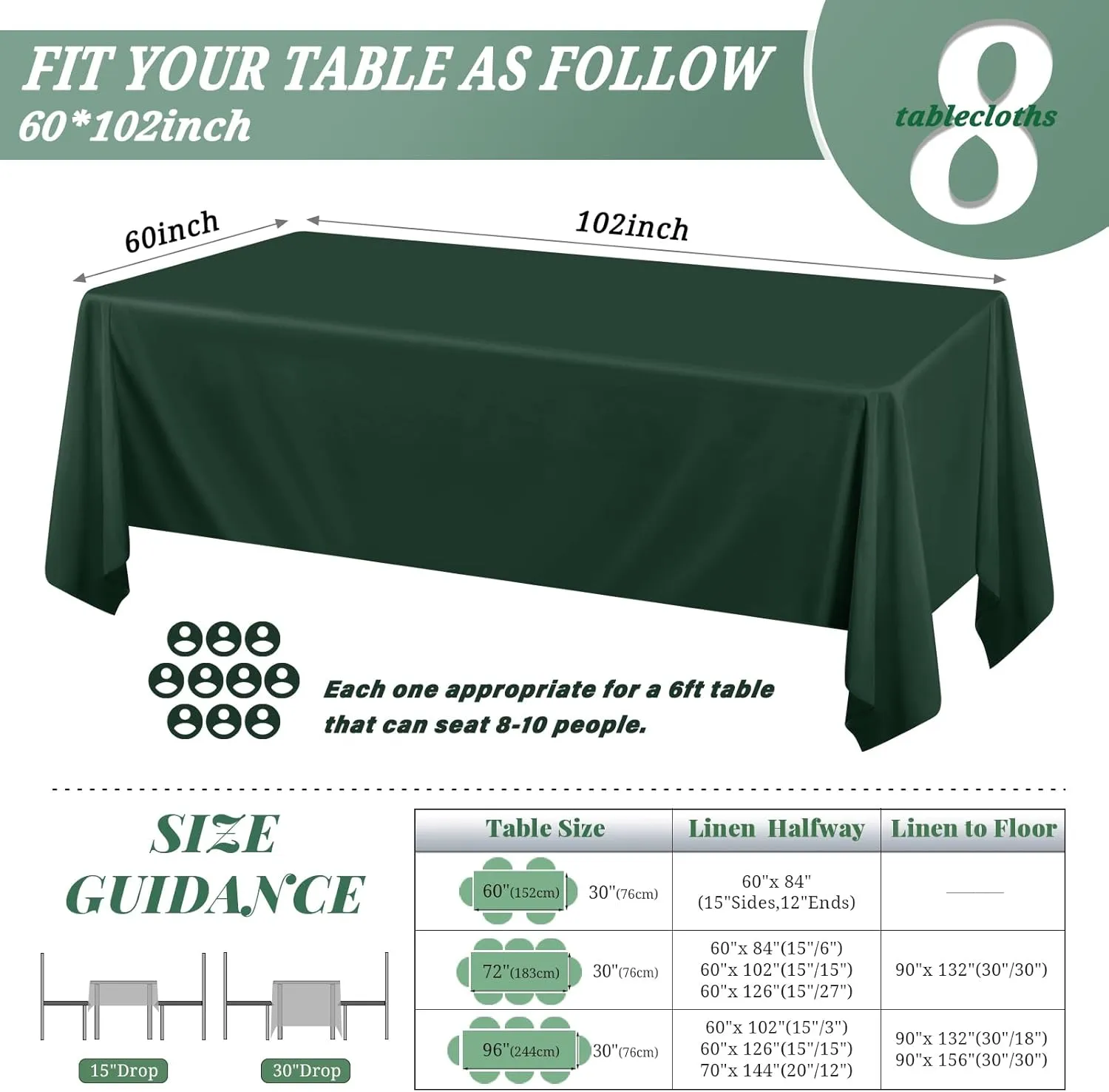 8 Pack 60 x 102 Inch Rectangle Tablecloth, Hunter Green Tablecloth for 6 Feet Rectangle Tables, Stain and Wrinkle Resistant Washable Fabric Table Cloth for Wedding Dining Table Buffet Parties Camping