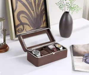 8" Luxury Watch Display Case - 4-Slot Tempered Glass & Genuine Leather Watch Box Organizer for Men (8"x4"x3"), Brown
