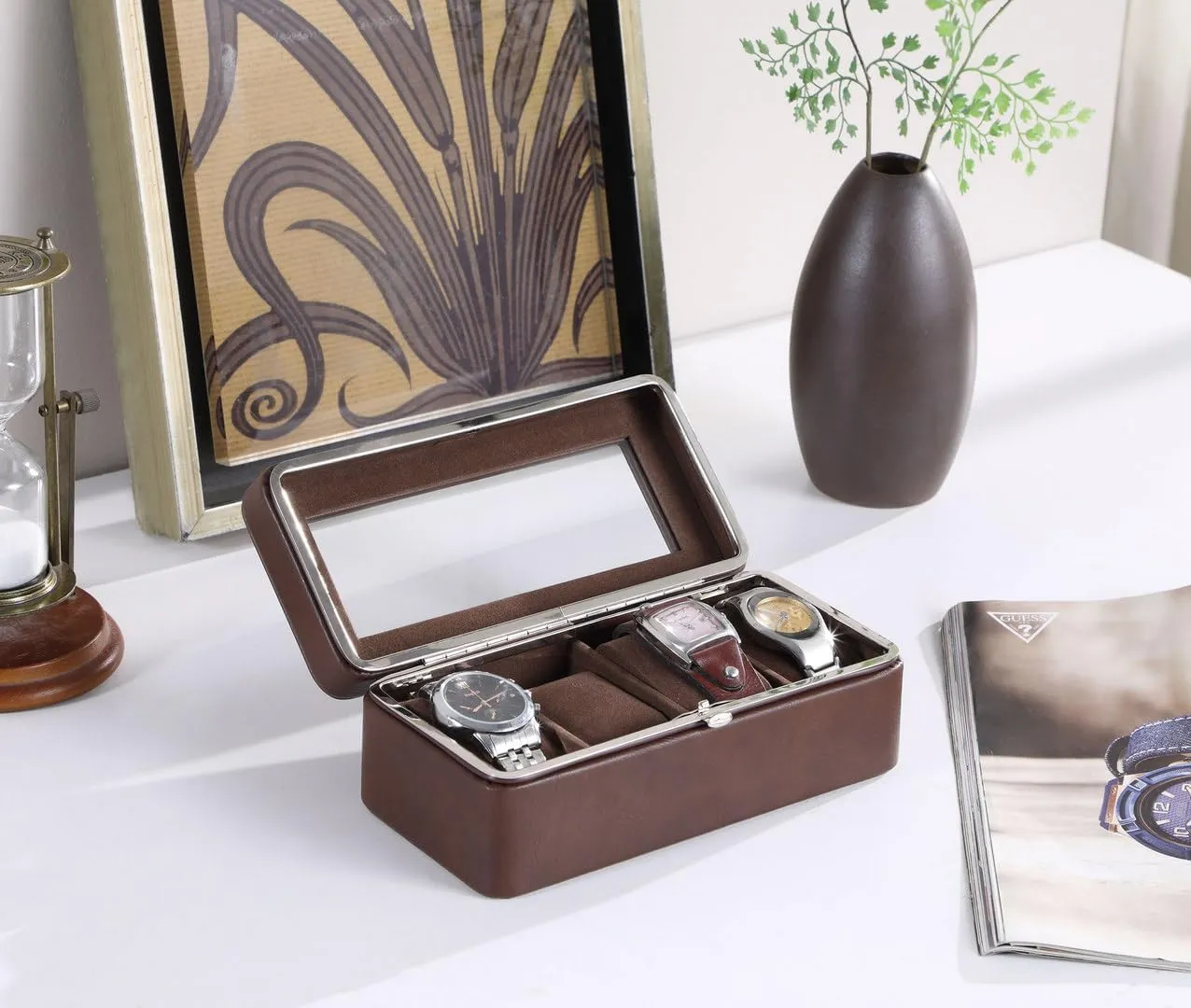 8" Luxury Watch Display Case - 4-Slot Tempered Glass & Genuine Leather Watch Box Organizer for Men (8"x4"x3"), Brown